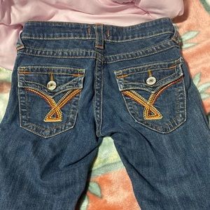 Vigoss original denim low rise flare jeans, perfect stitching, colorful pockets